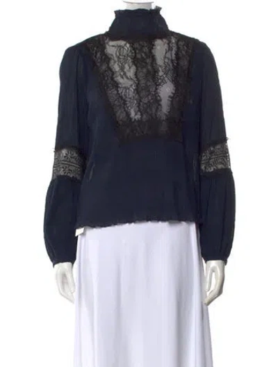 Pre-owned Ganni Lace Pattern Mock Neck Blouse In Multi