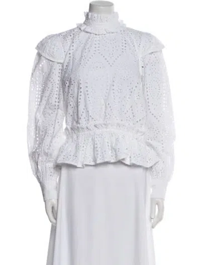 Pre-owned Ganni Lace Pattern Mock Neck Blouse In White