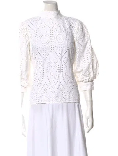 Pre-owned Ganni Lace Pattern Mock Neck Blouse In White