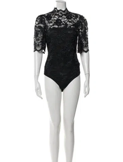 Pre-owned Ganni Lace Pattern Mock Neck Bodysuit In Blue