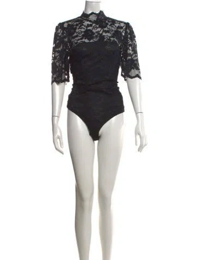 Pre-owned Ganni Lace Pattern Mock Neck Bodysuit In Blue