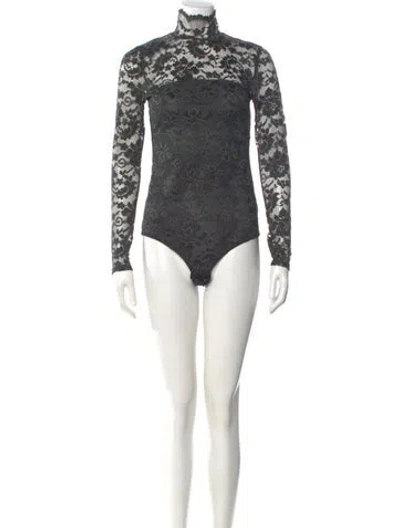 Pre-owned Ganni Lace Pattern Mock Neck Bodysuit In Gray