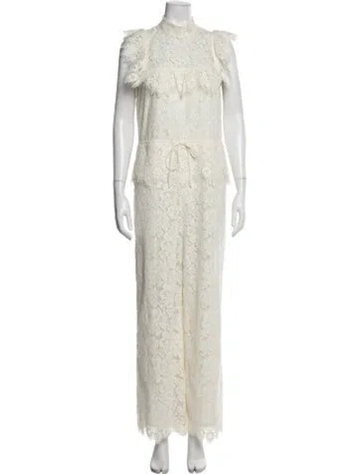 Pre-owned Ganni Lace Pattern Mock Neck Jumpsuit In Neutrals