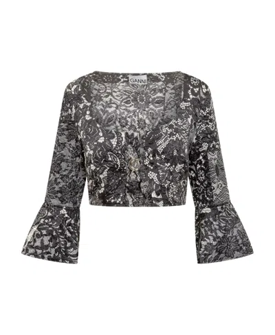 Ganni Lace-print Cropped Blouse In Black