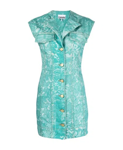 Ganni Lace-print Denim Minidress In Blue