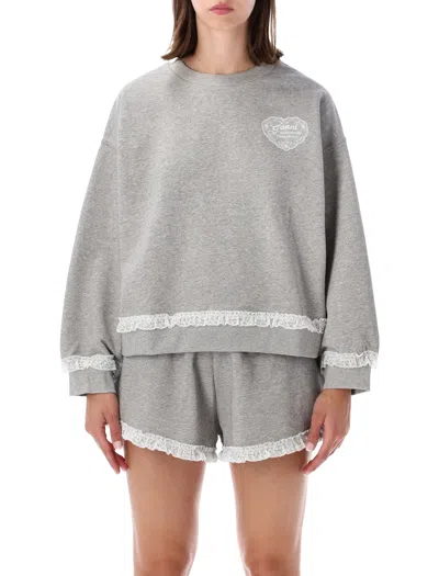 Ganni Lace Trim Oversized Sweatshirt In Gray