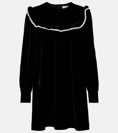 Ganni Stretch Velvet Jersey Collar Mini Dress In Black