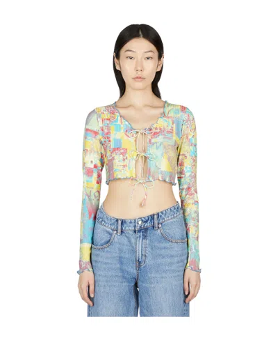 Ganni Long Sleeve Printed Rib Jersey Cropped Blouse In Blue