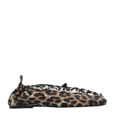 GANNI LEOPARD PRINTED DENIM LACE-UP BALLERINAS