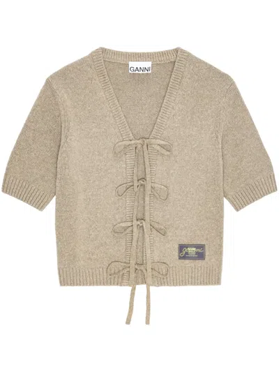 Ganni Lace-up Cardigan In Neutrals