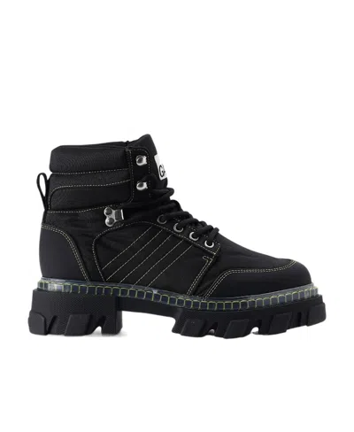 Ganni 50mm Recycled Fabric Hiking Boots In Black