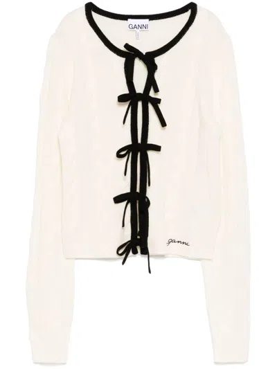 Ganni Lace-up Fastening Cardigan In Weiss