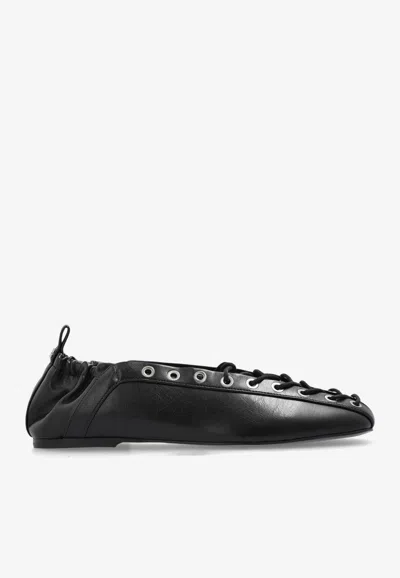 GANNI LACE-UP LEATHER BALLET FLATS