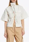 Ganni Lace-up Stretch Blouse In Neutral