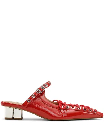 Ganni Laced Leather Mules In Red