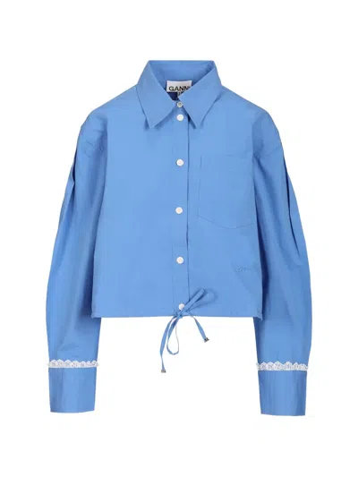 Ganni Lace-trim Crop Shirt In Blue