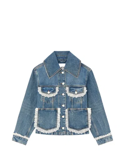 Ganni Lace-trim Denim Jacket In Blue
