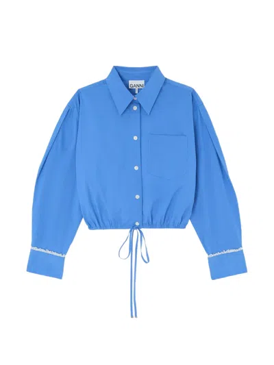 Ganni Cropped Shirt Long Sleeves Lace Trims In Blue