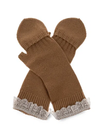 Ganni Lace-trim Gloves In Brown