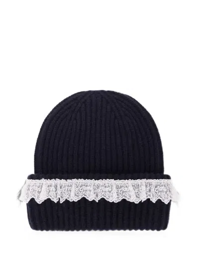 Ganni Lace-trim Ribbed Beanie Hat In Black