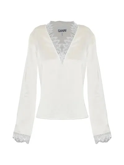 Ganni Lace-trim Satin Blouse In White