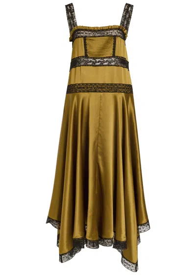 Ganni Lace-trim Satin Midi Slip Dress In Green