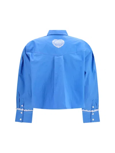 Ganni Cotton Shirt With Lace Details In Blue