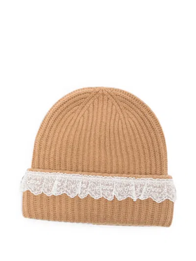 Ganni Tigers Eye Lace Trim Beanie Hat In Brown