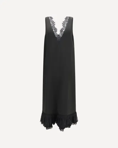 Ganni Lace-trimmed Satin Long Dress In Black