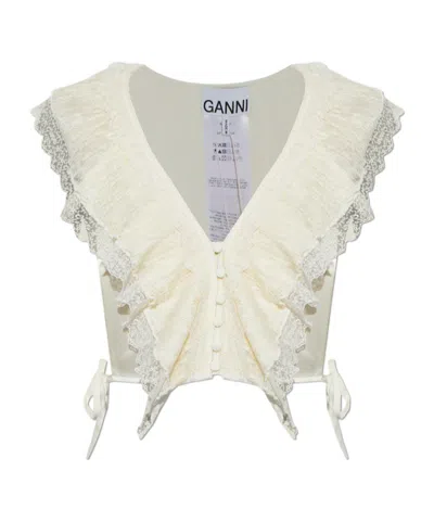 Ganni Ruffled Lace-trim Top In Neutral