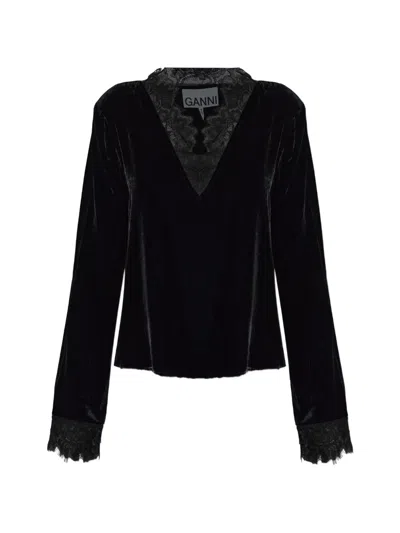Ganni Lace-trimmed Velvet Top In Black