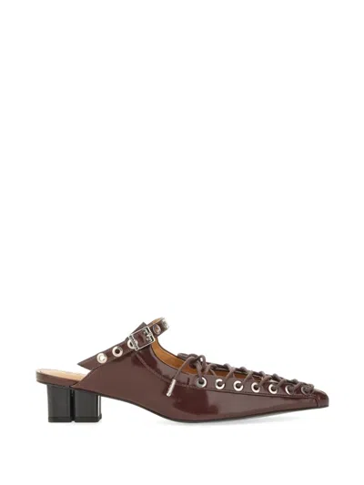 Ganni Lace-up Eyelet-embellished Mules In Animal Print