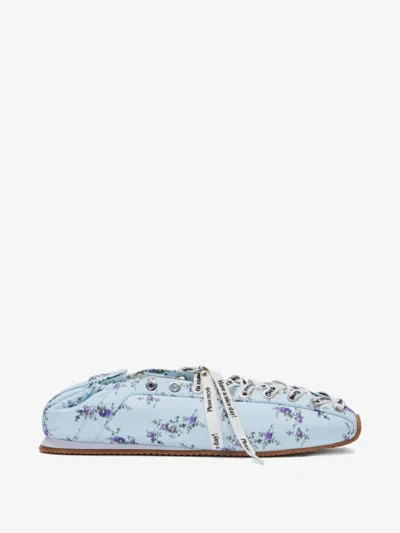 Ganni Lace-up Flat Sneakers With Printed Laces And Butterfly Logo In Blue