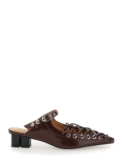 Ganni Lace-up Pointed-toe Heel Mule In Brown