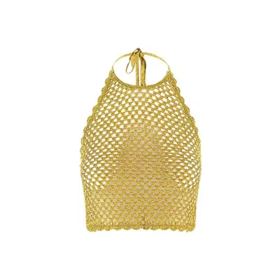 Ganni Ladies Gold Halterneck Crochet Tank Top In Gold Tone