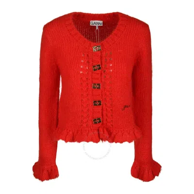 Ganni Ruffled Embellished Mohair-blend Cardigan In Red