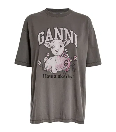 Ganni Lamb Print T-shirt In Grey