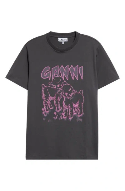 Ganni Lambs Organic Cotton Graphic T-shirt In Volcanic Ash