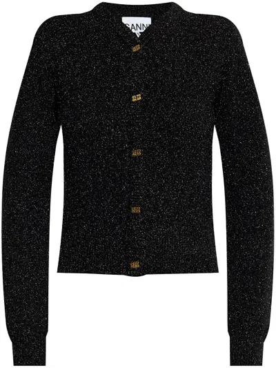 Ganni Mini Ribbed Merino Cardigan Knitwear Grey In Black
