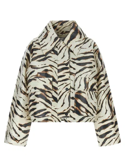 Ganni Womens Laminated Zebra-pattern Cotton-blend Jacket Egret Xs In Multi
