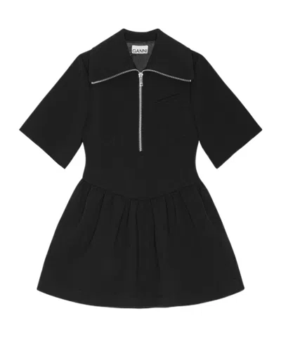 Ganni Mini Dress With Gathered Waist And Short Sleeves In Black