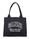 Ganni Black Shopper With Embroidered Logo On The Front In Black