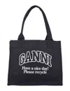 Ganni Black Shopper With Embroidered Logo On The Front In Denim Woman In Phantom
