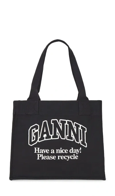 Ganni Large Easy Shopper Contrasted Logo Bag In Black