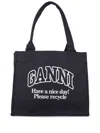 Ganni Black Shopper With Embroidered Logo On The Front In Denim Woman In Multicolor
