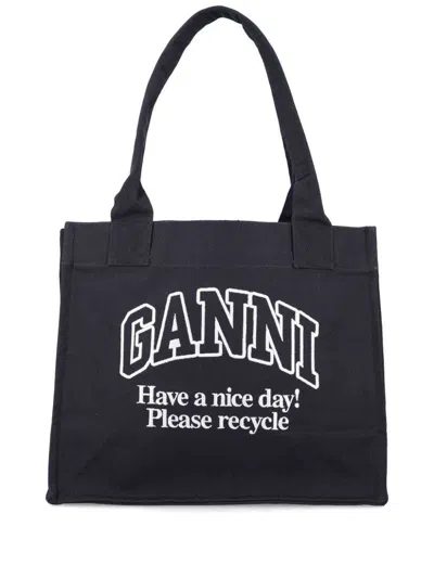 Ganni Black Shopper With Embroidered Logo On The Front In Multicolor
