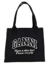Ganni Black Shopper With Embroidered Logo On The Front In Denim Woman