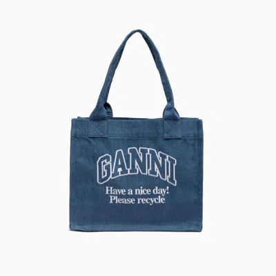 Ganni Large Easy Shopper Denim Bags In Blue