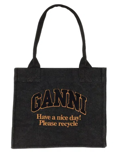 Ganni Large Denim Tote Bag In Black