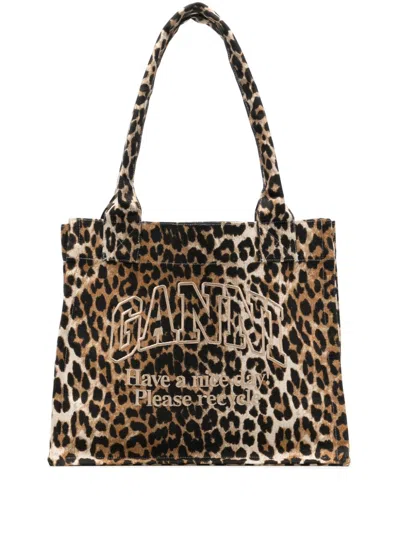 Ganni Large Easy Shopper Print Bag Woman In Cotton In Brown